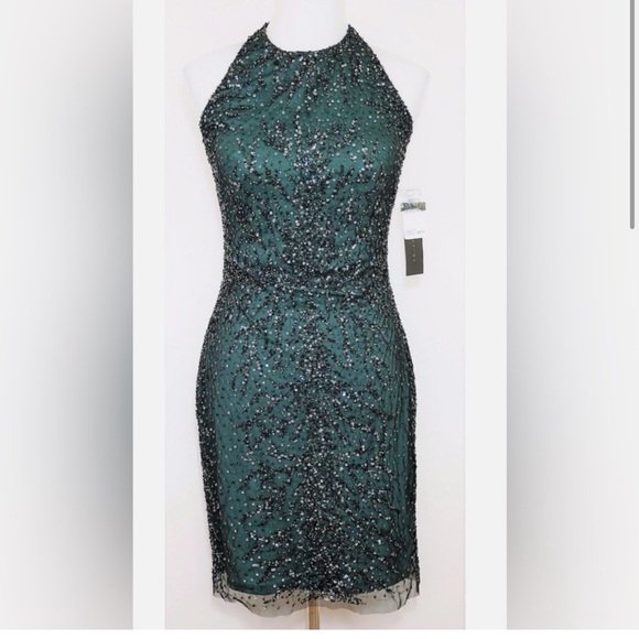 Aidan Mattox Green Halter Sheath Dress